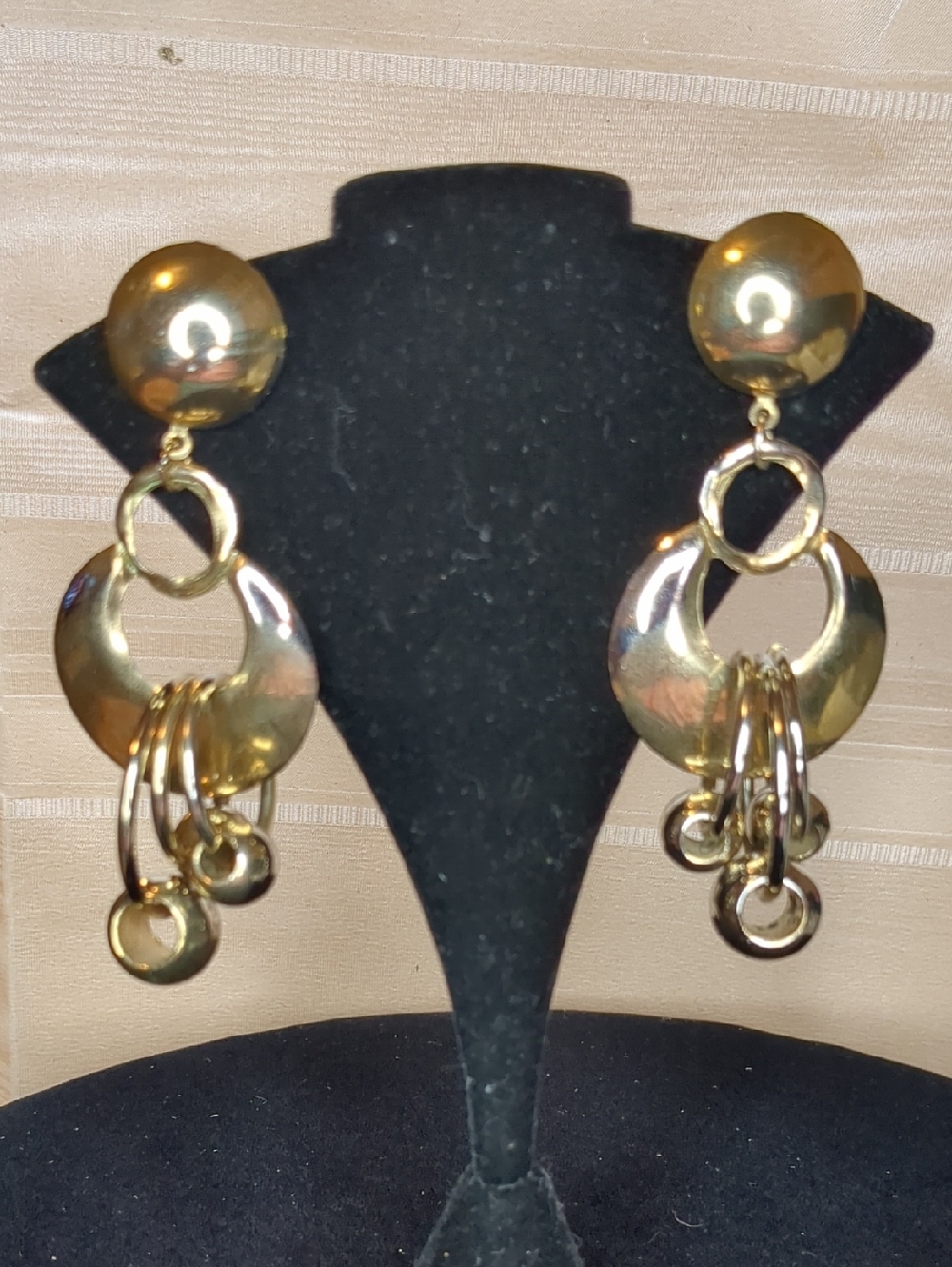 Vintage 80s Gold Multi Hoop Dangle Earrings Modernist Chandelier Pierced